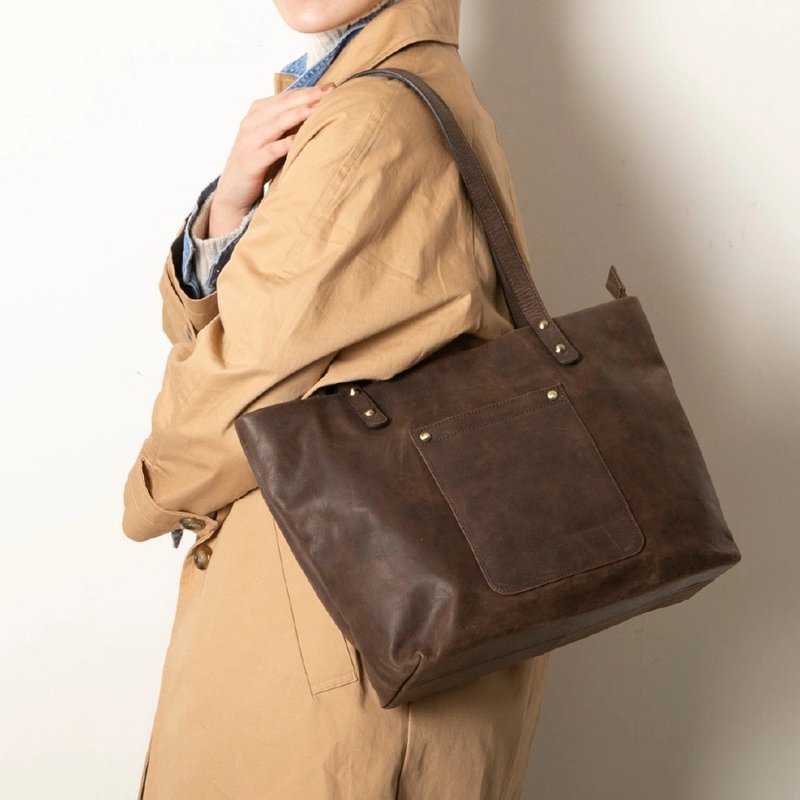 Tote bag, A4 file, bag, leather, cowhide, aged, Brown HAB005 - กระเป๋าถือ - หนังแท้ สีนำ้ตาล