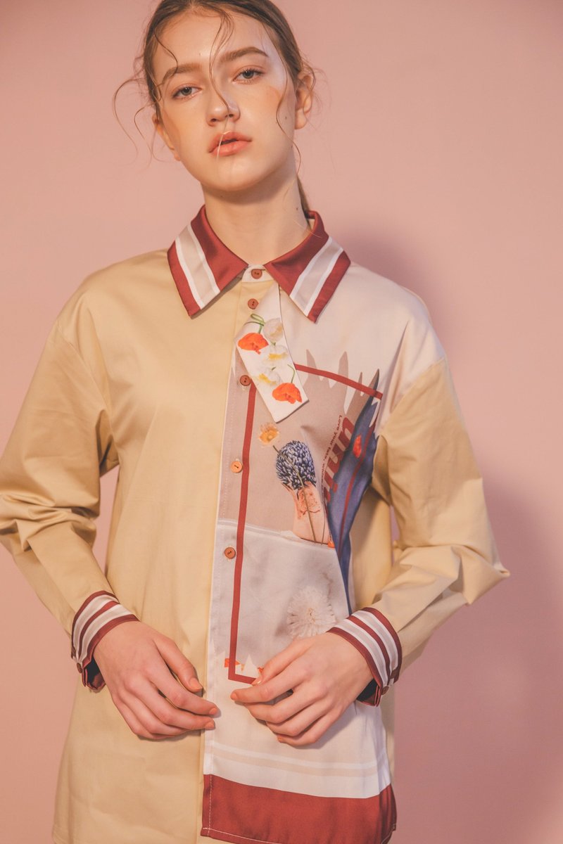 Sample Sale / Digital Print Patchwork Shirt - Khaki - เสื้อเชิ้ตผู้หญิง - ผ้าฝ้าย/ผ้าลินิน สีกากี