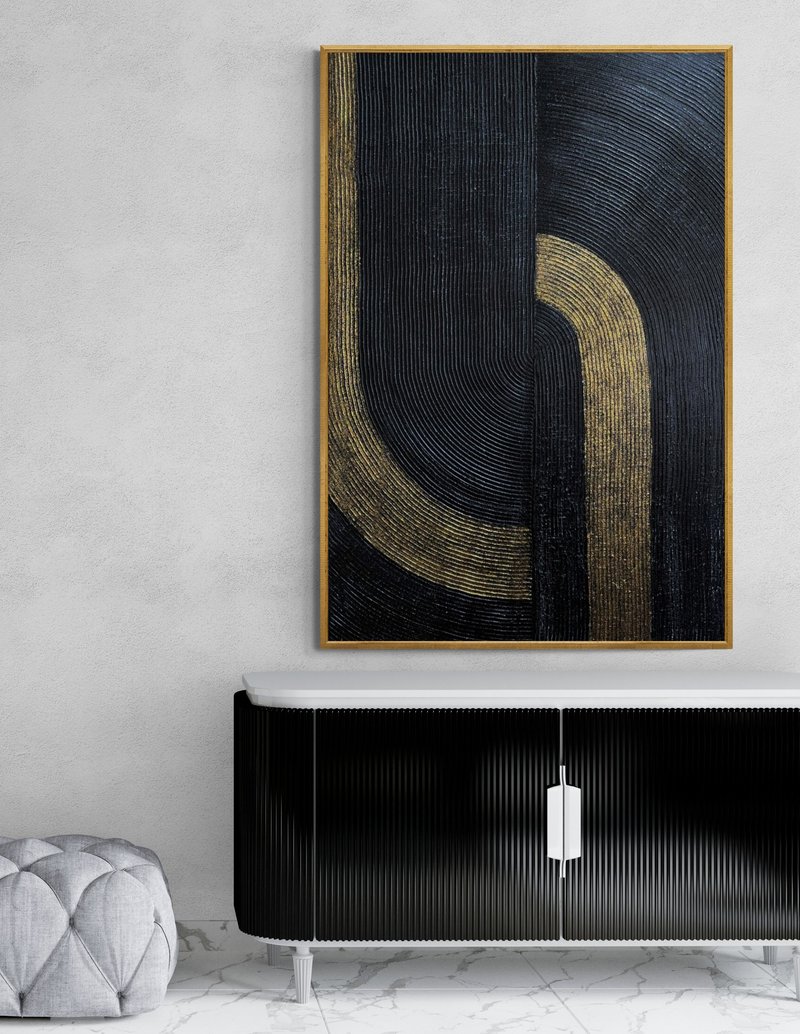 Large Abstract black gold Textured oil painting on canvas Original painting - 壁貼/牆壁裝飾 - 棉．麻 黑色