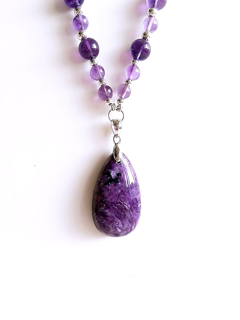 [GEMシリーズ]紫のベルベットの天然ミネラルチャロアイト925スターリングシルバーアメジストネックレス - ネックレス - 宝石 パープル
