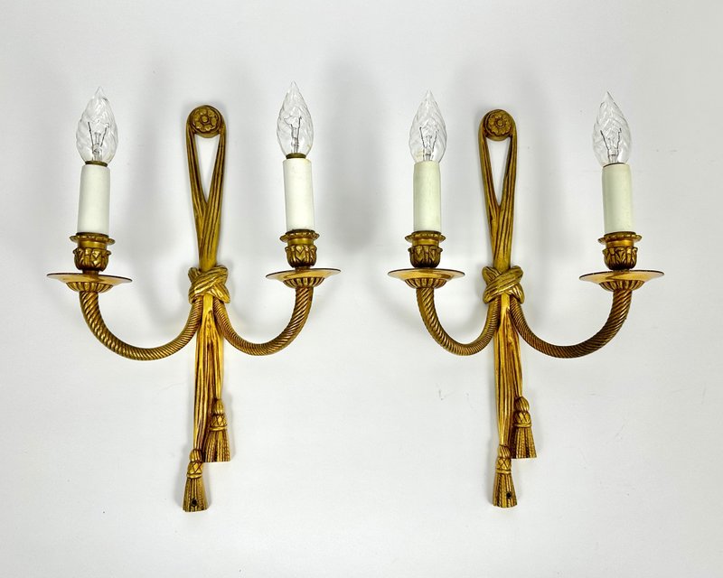 Vintage Wall Sconces Gilt Bronze Tassels & Torch Twin Branch Wall Lamps, Set 2 - Lighting - Other Metals Gold