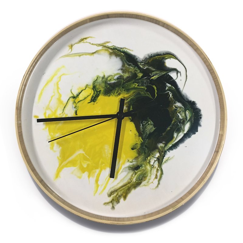 【 Autumn green & yellow・Planet・Wooden tray】30cm - Clocks - Wood Green