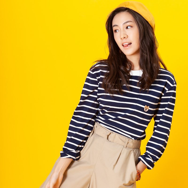 【Pjai】Stripes Long Sleeves T-shirt- Navy//Yellow (TP650) - เสื้อฮู้ด - ผ้าฝ้าย/ผ้าลินิน สีน้ำเงิน