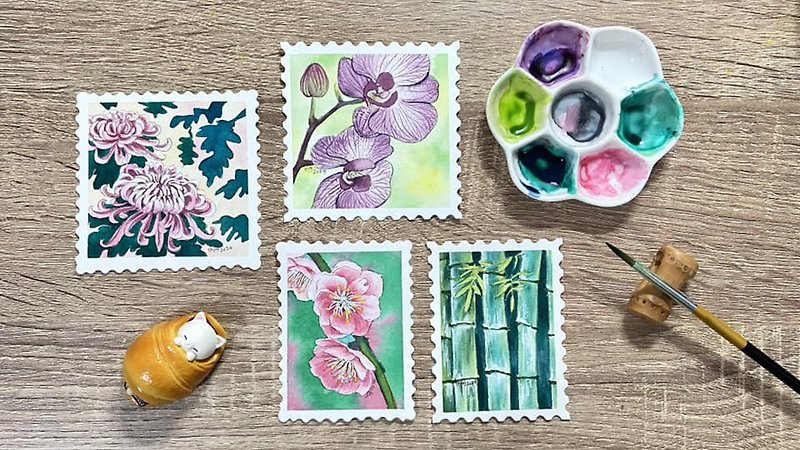 Doli hand-painted (stamp-shaped watercolor flower card) set of 4 - purely hand-painted, not printed - Cards & Postcards - Paper White