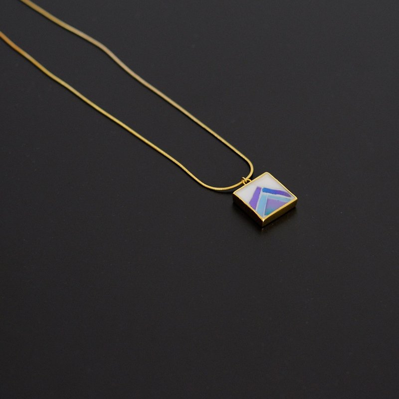 Hand-Made Mosaic Gold Plated Necklace 925 Silver Plated Gold Blue Geometric Square Pendant - Long Necklaces - Other Metals 