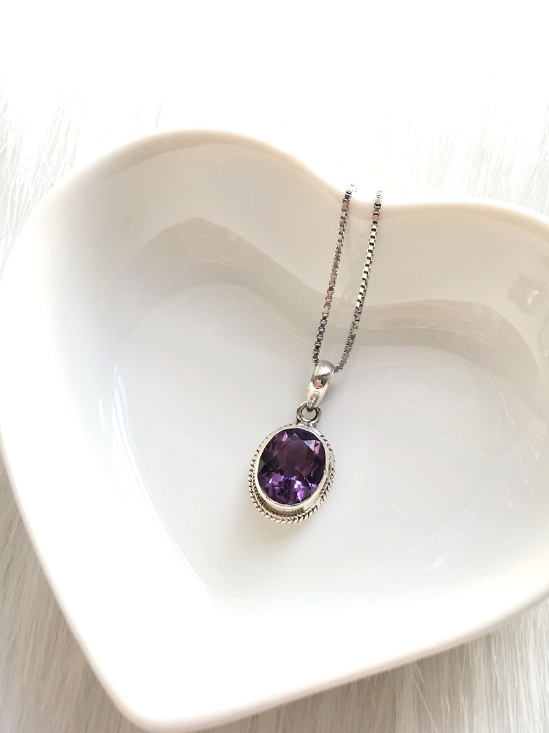 Amethyst 925 sterling silver simple striped necklace Nepal handmade silver - Necklaces - Gemstone Purple
