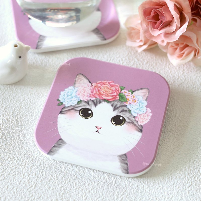 White background gray tabby cat ceramic absorbent coaster cat coaster cat illustration cute original - Coasters - Pottery Purple