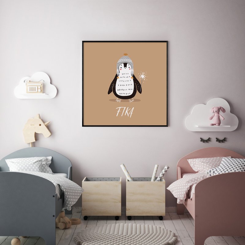 Penguin-FIKA- Square Prints, Wall Art, Winter print, penguin Prints - โปสเตอร์ - ผ้าฝ้าย/ผ้าลินิน สีกากี