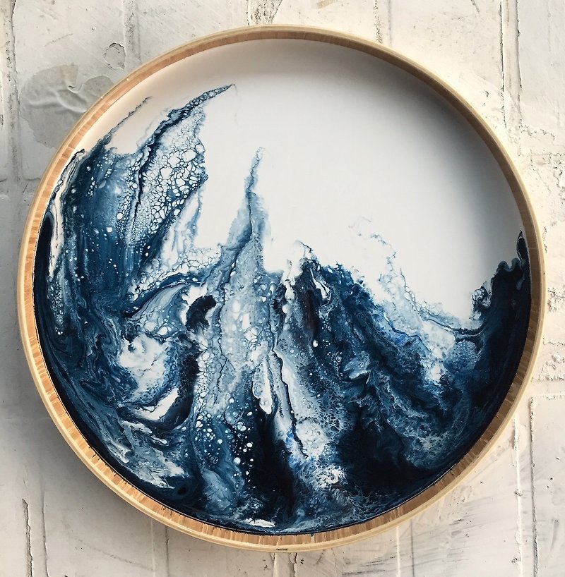 [Flowing blue ocean, moon body, handmade wooden tray] 30cm - จานเล็ก - ไม้ สีน้ำเงิน