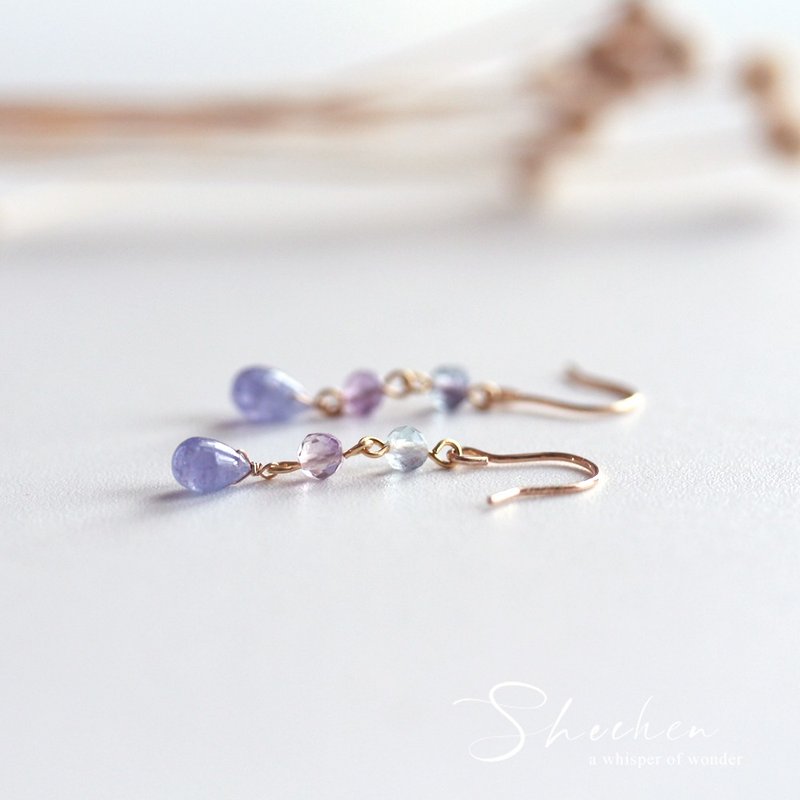 丹泉石*螢石 水滴清透耳環 丹泉石 坦桑石 耳針 耳勾 日系手作 - 耳環/耳夾/耳骨夾 - 半寶石 透明