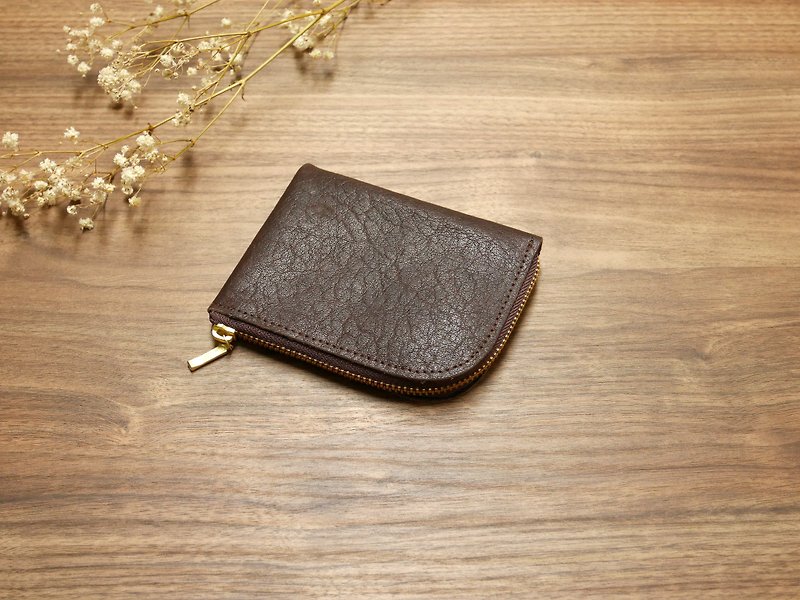 [Refurbished with small defects] L-shaped zipper short clip - coffee - Wallets - Genuine Leather Brown