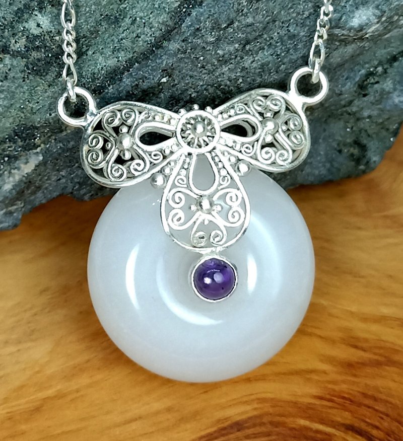 Pendant, Necklace, Nephrite Jade, Amethyst, Sterling Silver, Handmade Jewelry - Necklaces - Gemstone 