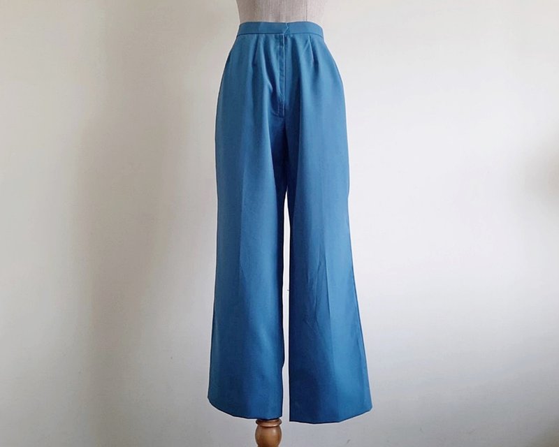 Medium Vintage Blue High Waisted Pants Womens Straight Leg Trousers Casual Pants - 男長褲/休閒褲 - 聚酯纖維 藍色