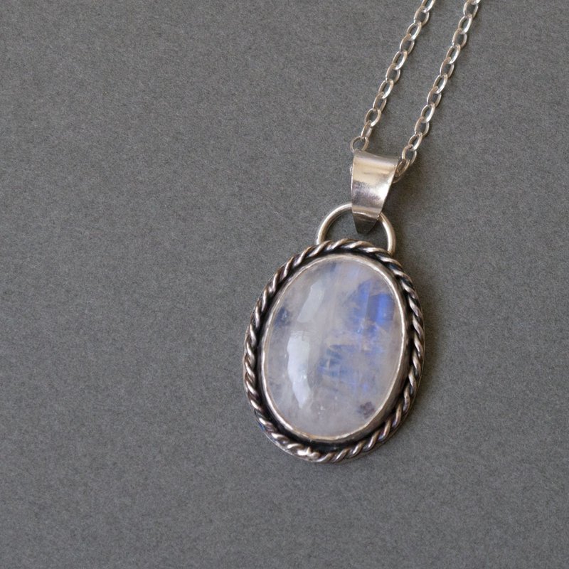Gemstone Necklaces White - Rainbow moonstone silver pendant