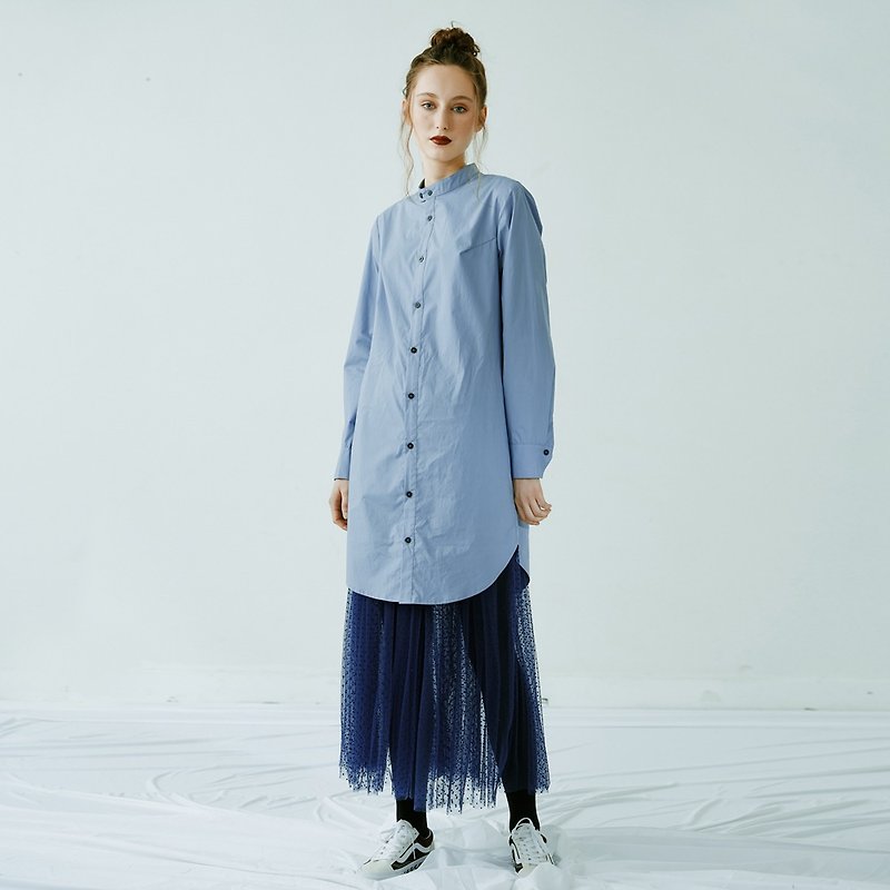 Cotton gray blue long shirt - Women's Shirts - Cotton & Hemp Blue