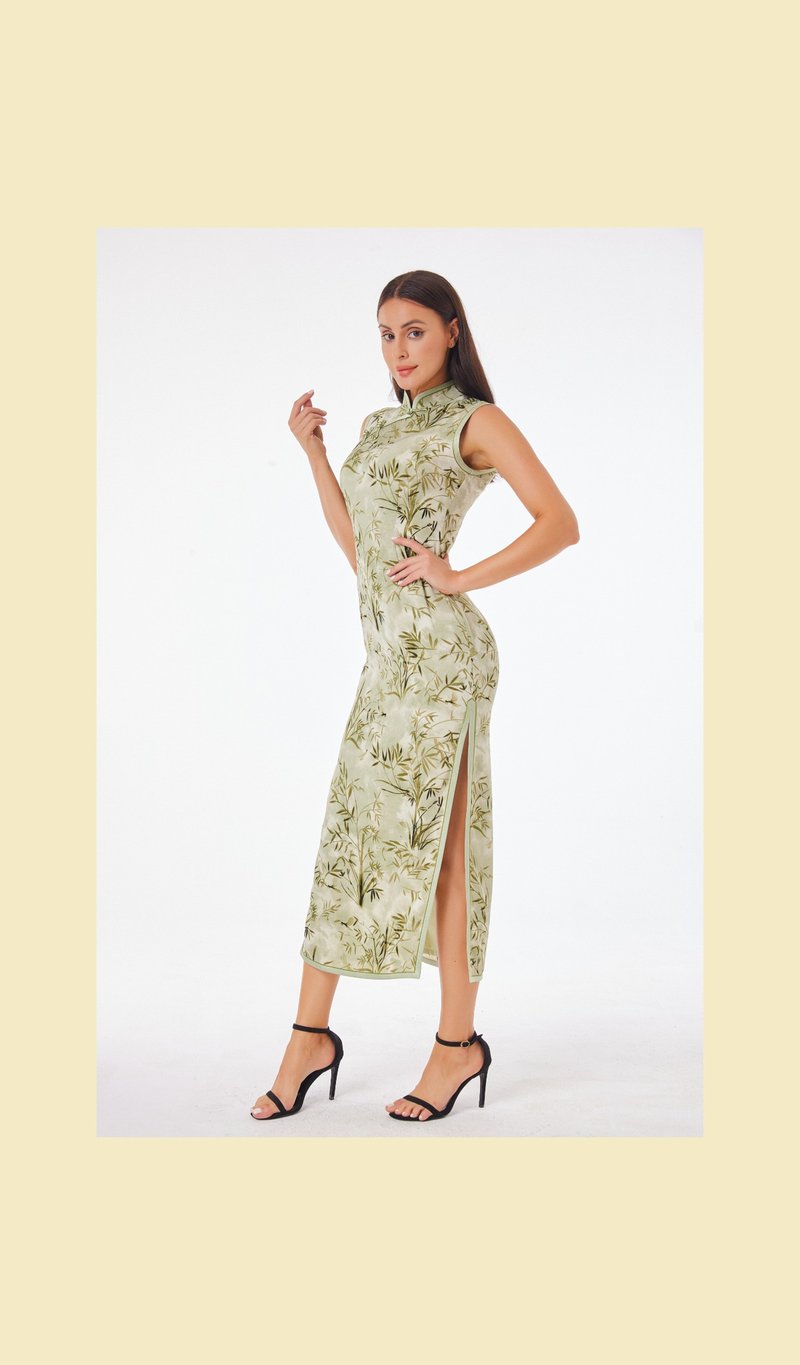 Bamboo leaves cheongsam Qipao Brand New Dress Qipao CNY - กี่เพ้า - ผ้าฝ้าย/ผ้าลินิน สีเขียว