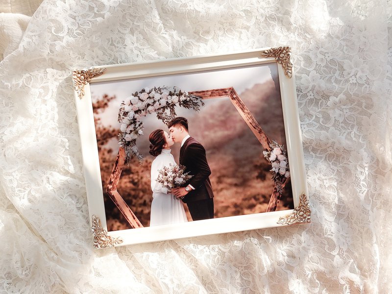 8x10 Picture Frame, Handmade Flower Appliqué, Hand Gilded Silver, Aged White - Picture Frames - Wood White