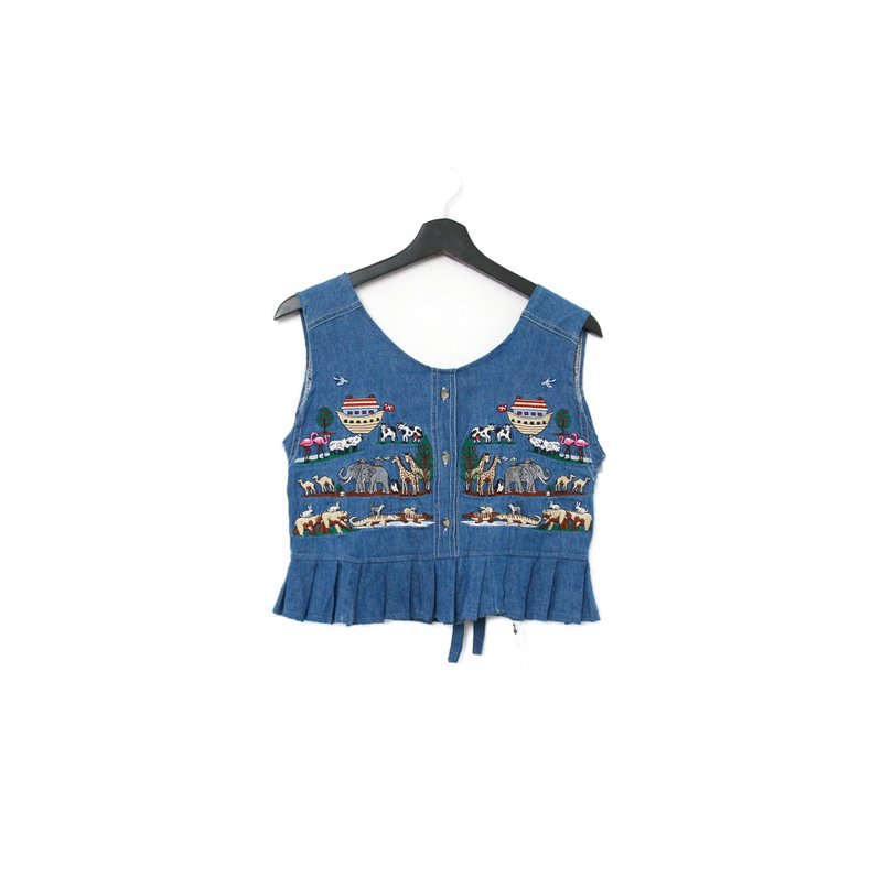 Back to Green-丹寧刺繡背心 動物園 郵輪dv-21//vintage vest - 背心/無袖上衣 - 棉．麻 