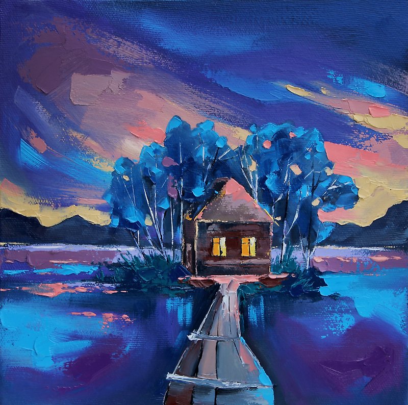 Old House Painting Night Landscape Original Art Impasto Artwork 30 by 30 cm - Posters - Other Materials Blue