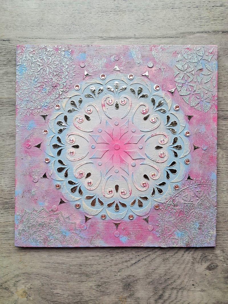 Mandala of Divine Grace 30 cm Textured painting on plywood Sacred meditation art - Wall Décor - Wood Pink