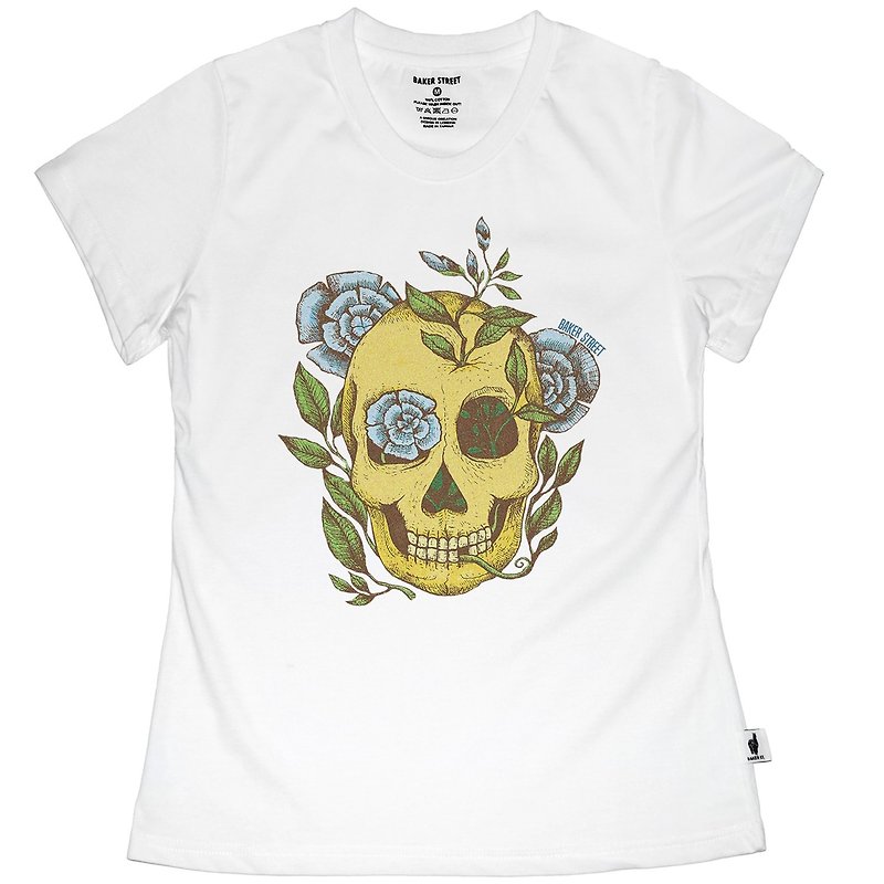 British Fashion Brand -Baker Street- Blue Rose & Skull Printed T-shirt - Women's T-Shirts - Cotton & Hemp White