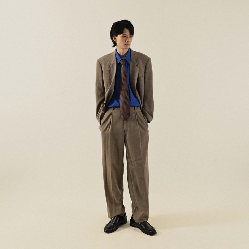 【NaSuBi Vintage】燕麥色薄毛經典輪廓古著西裝套裝 - 男西裝外套 - 羊毛 