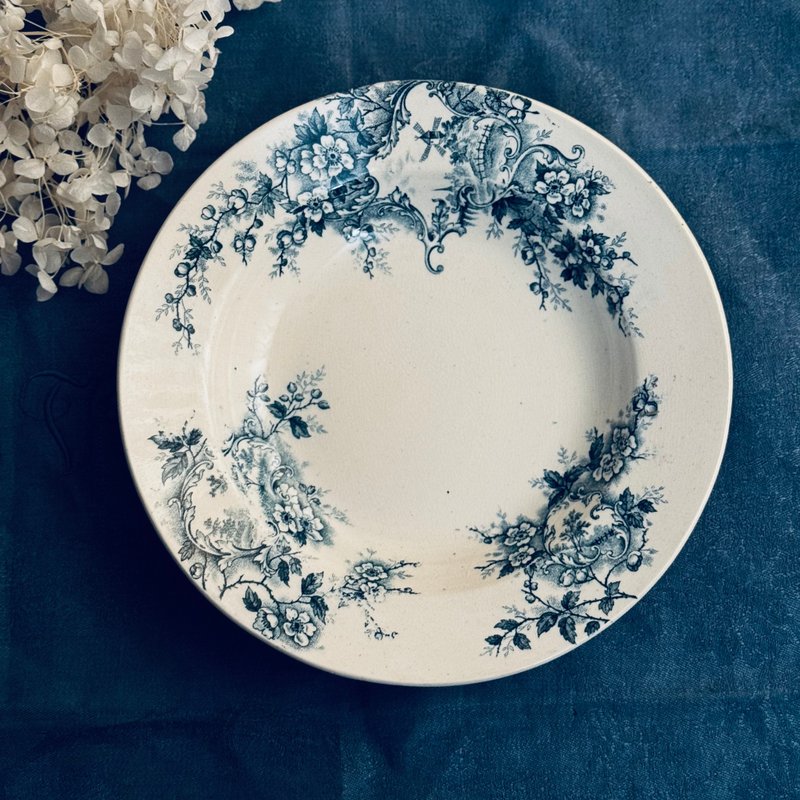 * 50885-法國古董Choisy-le-Roi H. Boulenger & Cie藍色花卉深盤 - 盤子/餐盤/盤架 - 瓷 