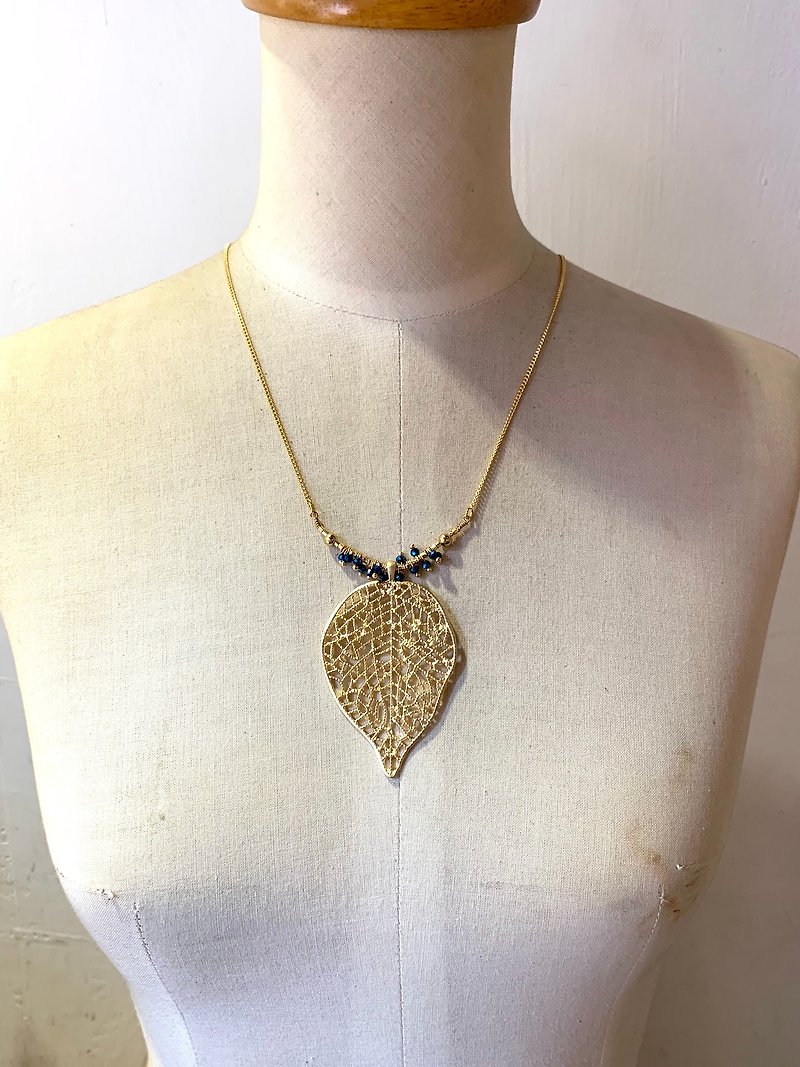 Copper hand made _ big openwork leaves gold crystal _ two colors _ long necklace _ medium long necklace _ short necklace - Long Necklaces - Copper & Brass Gold