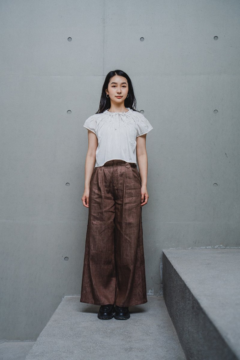 亞麻直筒硬質褲 LINEN STRAIGHT STIFF TROUSERS - 女長褲 - 其他材質 咖啡色
