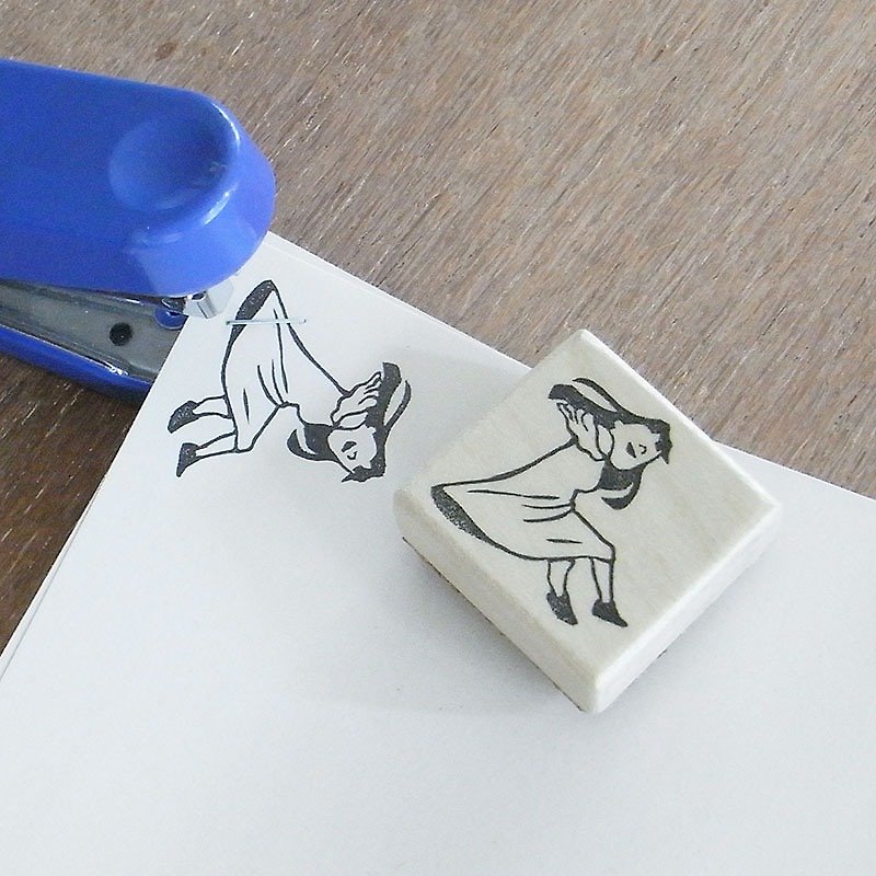 Handmade rubber stamp for stapler Girl in a one piece dress - ตราปั๊ม/สแตมป์/หมึก - ยาง สีกากี