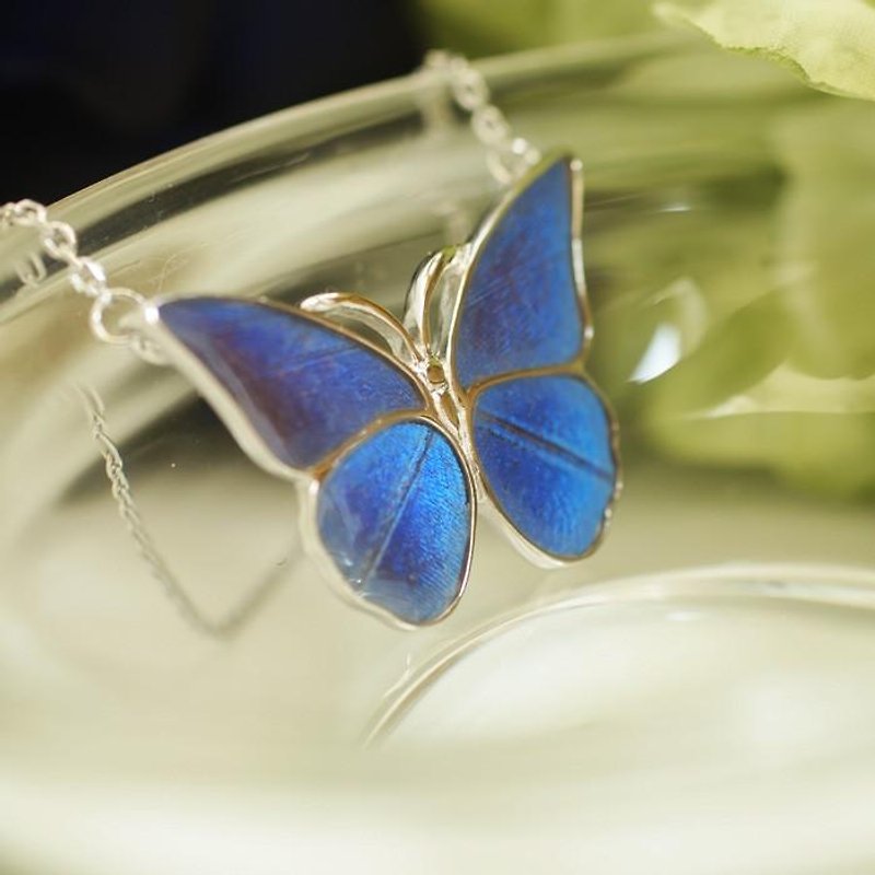 Morpho Butterfly Pendant Straight Silver - สร้อยคอ - โลหะ สีน้ำเงิน