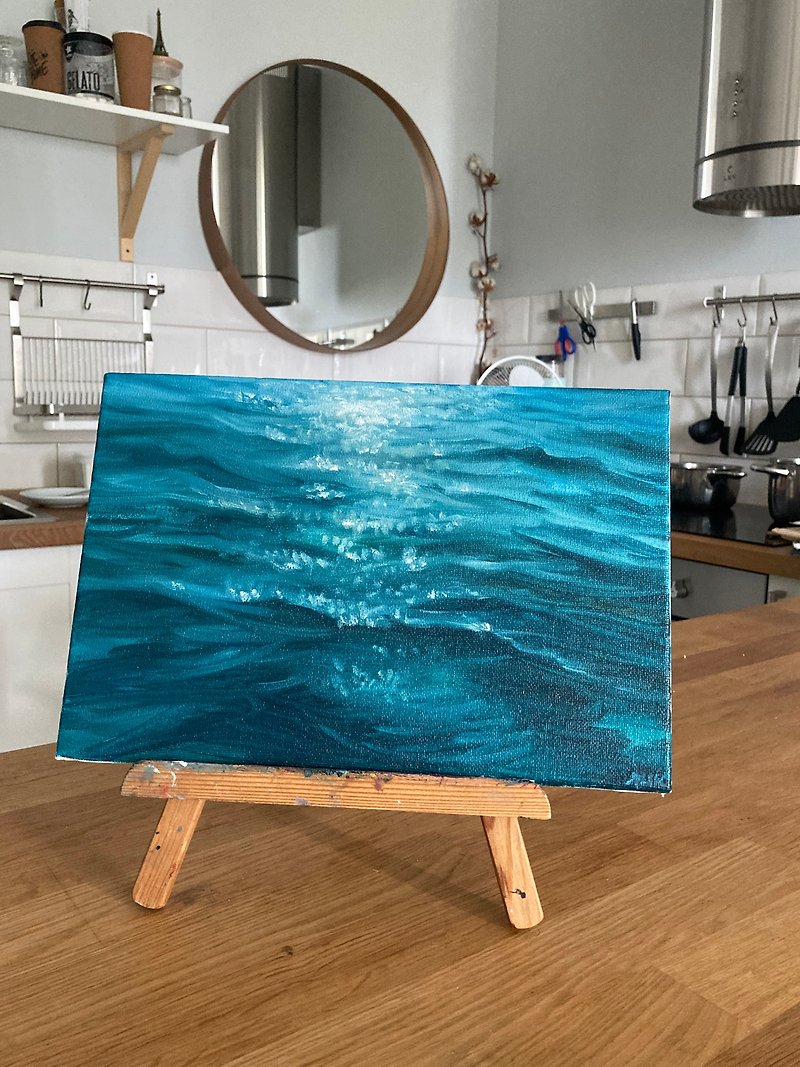 Water Glimpses Painting, Small Oil Painting On Canvas, Ocean Wall Decor - โปสเตอร์ - วัสดุอื่นๆ สีน้ำเงิน