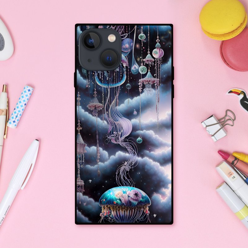 Fantastic and dreamy jellyfish with glittering decorations and space square smartphone case [tempered glass finish] compatible with iPhone 16 - เคส/ซองมือถือ - พลาสติก หลากหลายสี