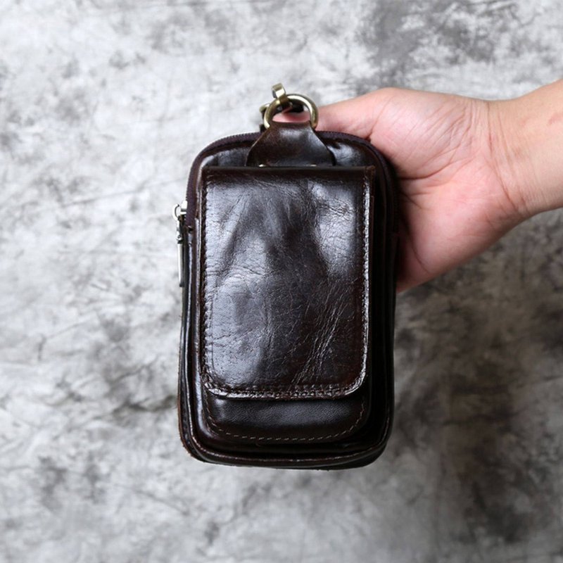 牛皮休閒穿皮帶腰包  男手機袋 錢包 - 銀包 - 真皮 咖啡色