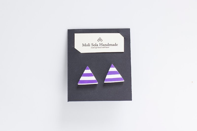 手作 三角型 黏土 耳釘 耳環 紫色條文 飾品 - 耳環/耳夾 - 黏土 紫色