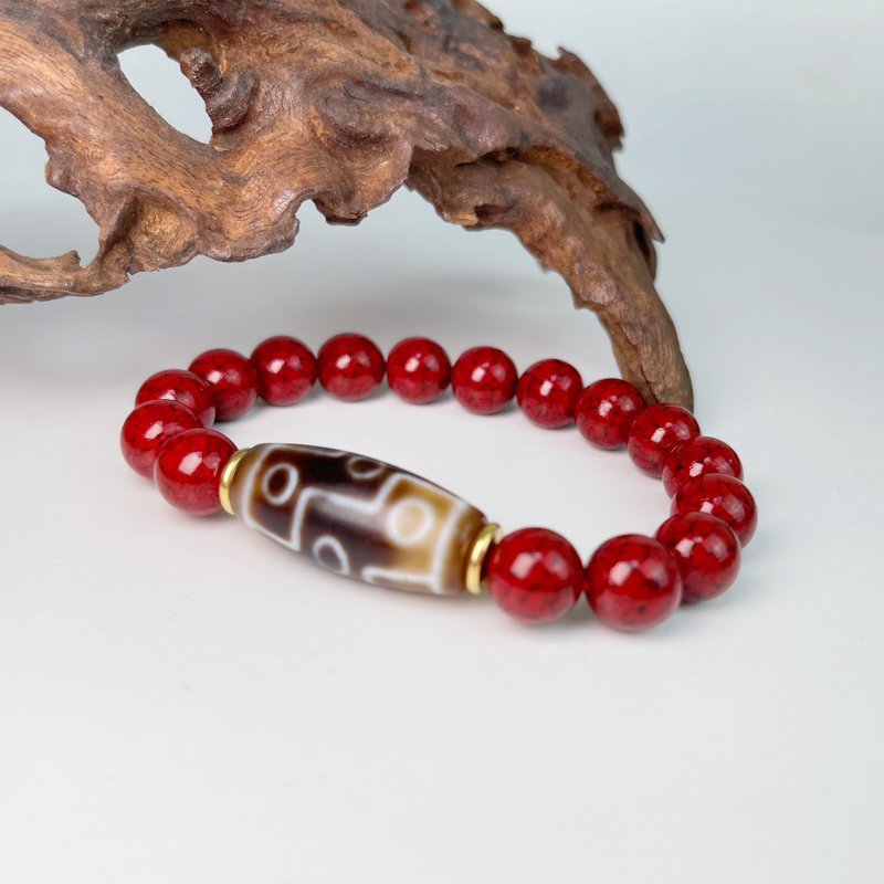 Powerful to block evil spirits-nine-eyed dzi bead ore body cinnabar bracelet - สร้อยข้อมือ - เครื่องเพชรพลอย 