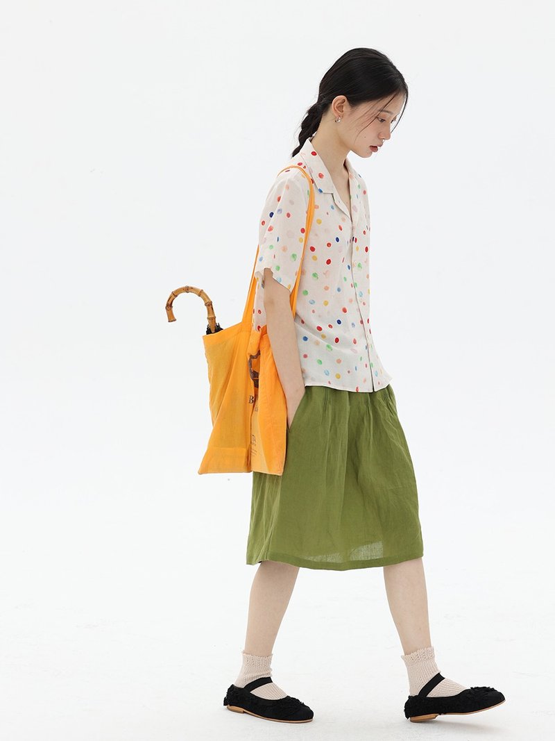 Resurrection style all-match single product whitening grass green linen pleated elastic waist casual loose short skirt - กระโปรง - ผ้าฝ้าย/ผ้าลินิน สีเขียว