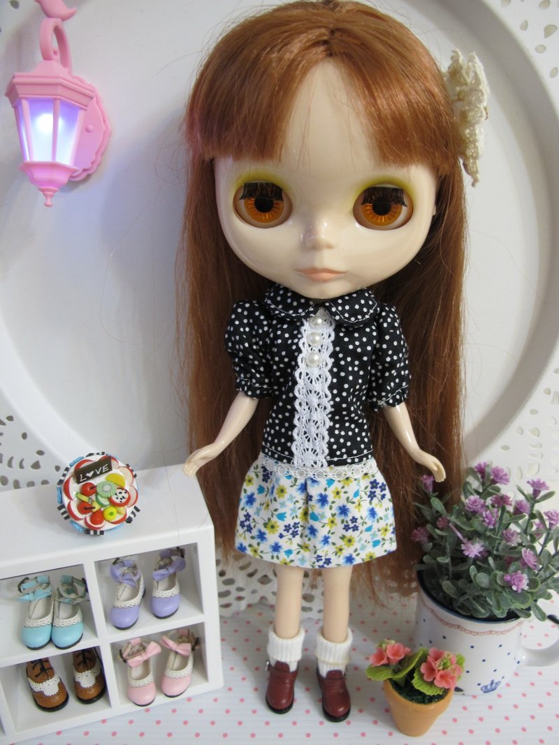 SEWING99 * Blythe hand made baby clothes - Punta pearl buckle sleeve shirt shirt - Black - ตุ๊กตา - ผ้าฝ้าย/ผ้าลินิน 