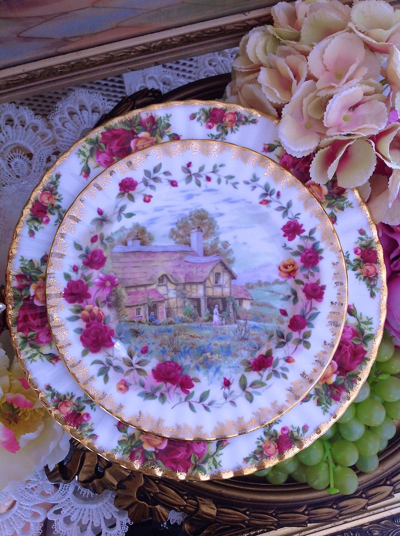 英國骨瓷Royal albert 22k鑲金鄉村玫瑰四季春天蛋糕盤點心盤一片 - 其他 - 瓷 多色