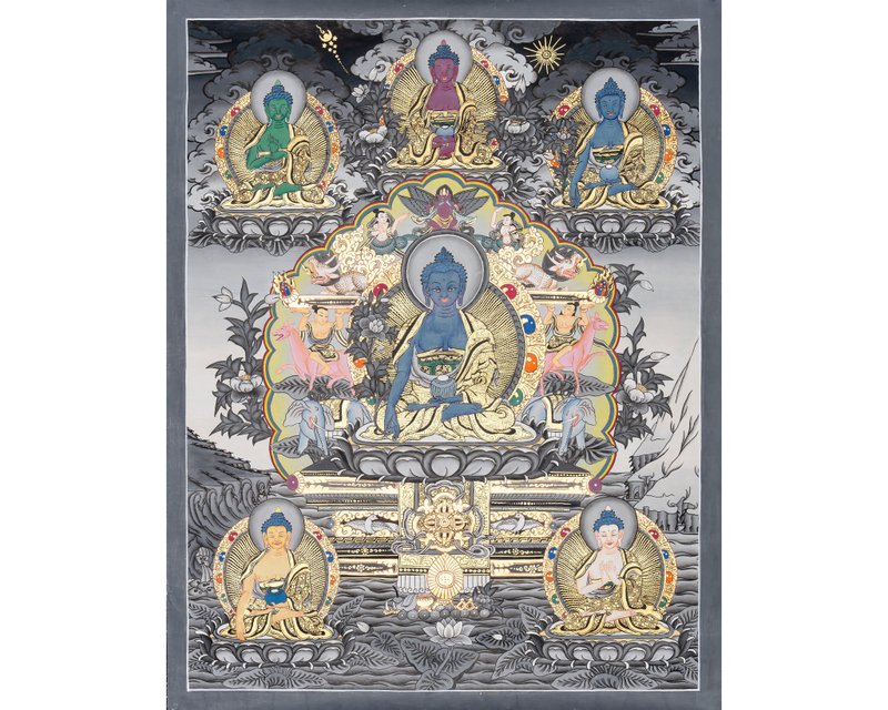 冥想的藥師佛唐卡  平靜的療法 - 壁貼/牆壁裝飾 - 其他材質 多色