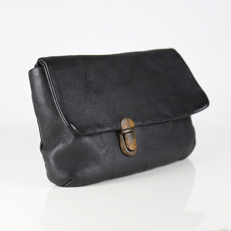 Vintage metal buckle washed leather clutch - Clutch Bags - Genuine Leather Black