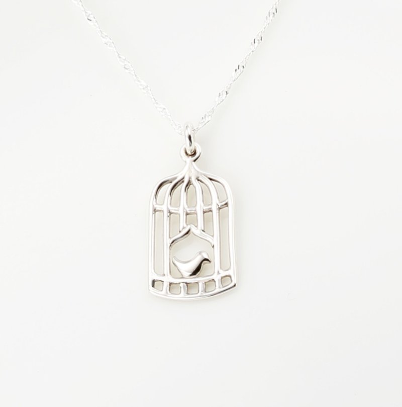 Bird in a cage s925 sterling silver necklace Valentine Day gift - Necklaces - Sterling Silver Silver