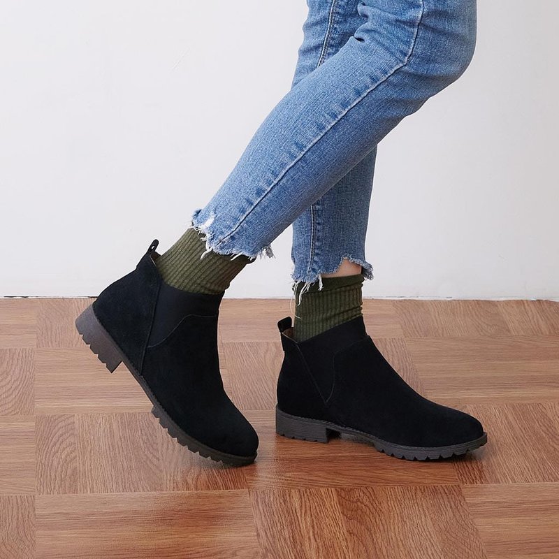 [Memories of England] Waterproof stretch lycra simple cowhide short boots_Dark Night Black - Women's Booties - Genuine Leather Black