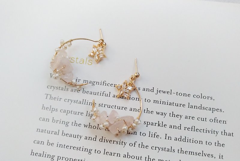 Moon and stars whisper rose quartz Stone& natural freshwater pearl earrings 14K gold - - Earrings & Clip-ons - Gemstone Pink