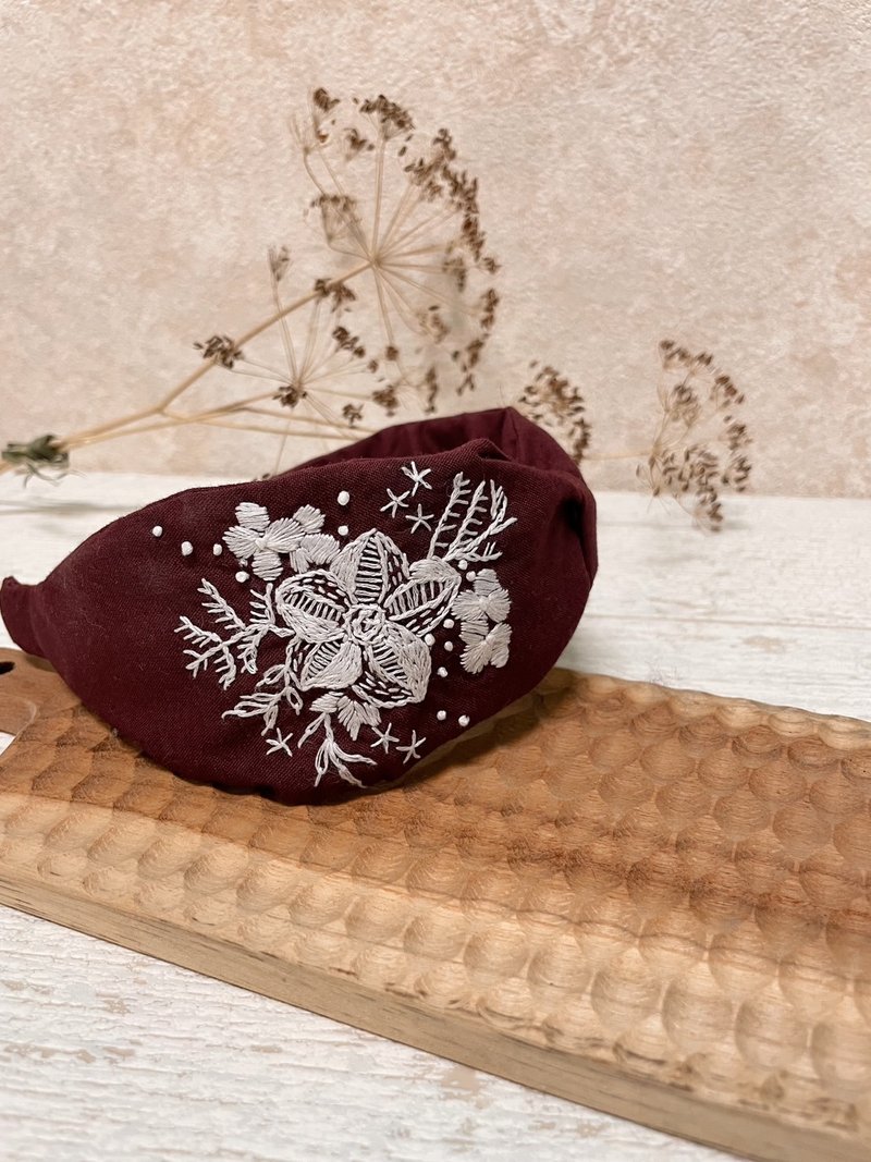 Embroidered headband - summer flowers (wide wine red) - Hair Accessories - Cotton & Hemp Multicolor