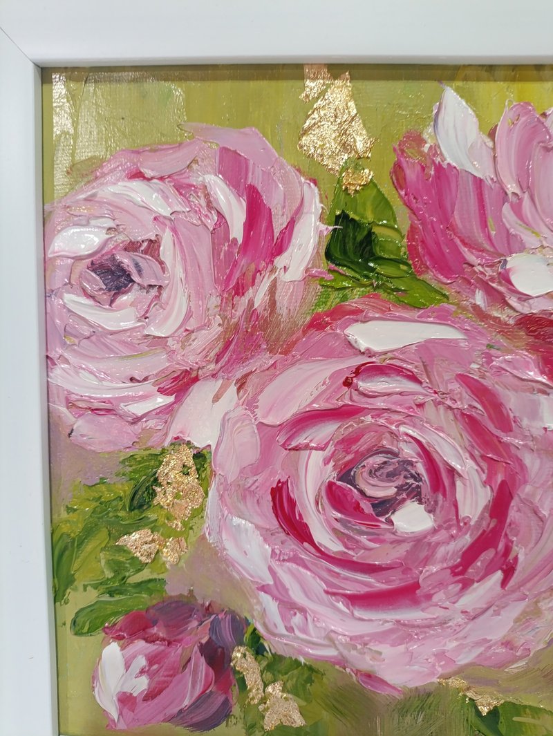 Pink Roses Painting Original Art Flowers Art Impasto Oil Painting - 海報/掛畫/掛布 - 棉．麻 粉紅色