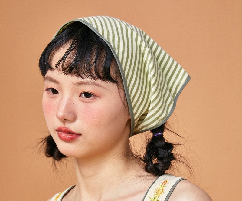 European retro blue, white, navy style pineapple, yellow, green striped headscarf - หมวก - วัสดุอื่นๆ หลากหลายสี