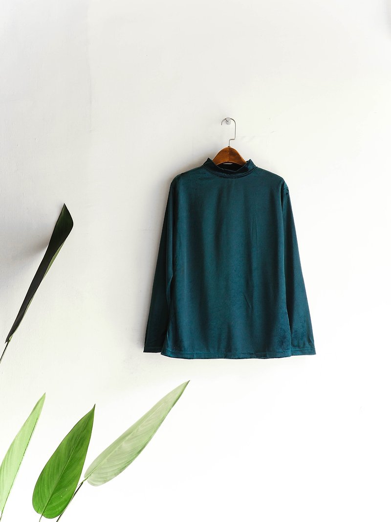 河水山 - 神奈川藍綠色閃耀金絲絨青春祭典 古董棉質襯衫上 - 女上衣/長袖上衣 - 聚酯纖維 多色