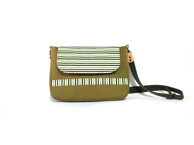 Green striped small shoulder bag, crossbody bag, handmade, canvas - Messenger Bags & Sling Bags - Cotton & Hemp Green
