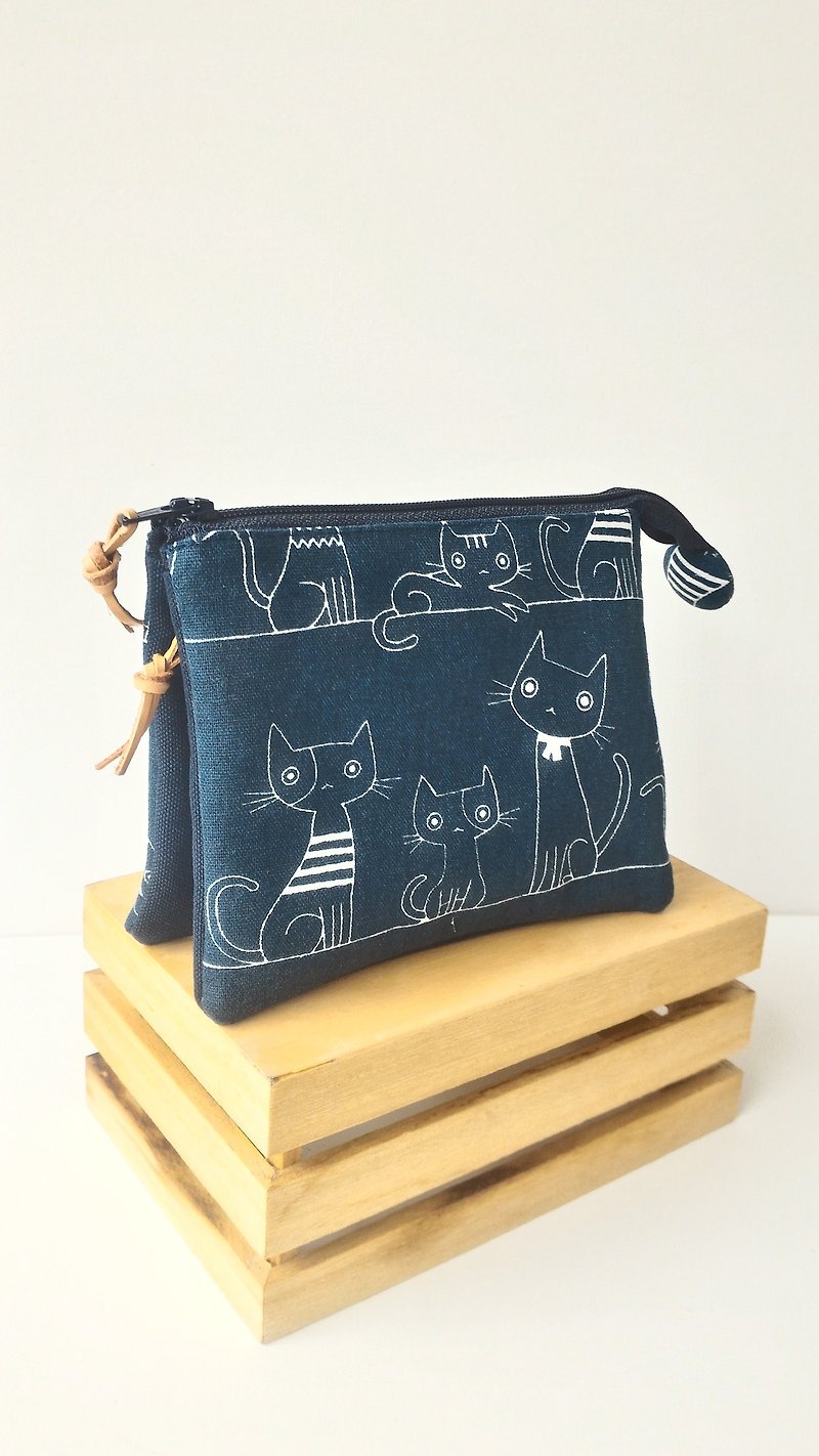 藍貓咪五層包 送給自己和媽媽最好的母親節禮物 - 零錢包/小錢包 - 棉．麻 藍色